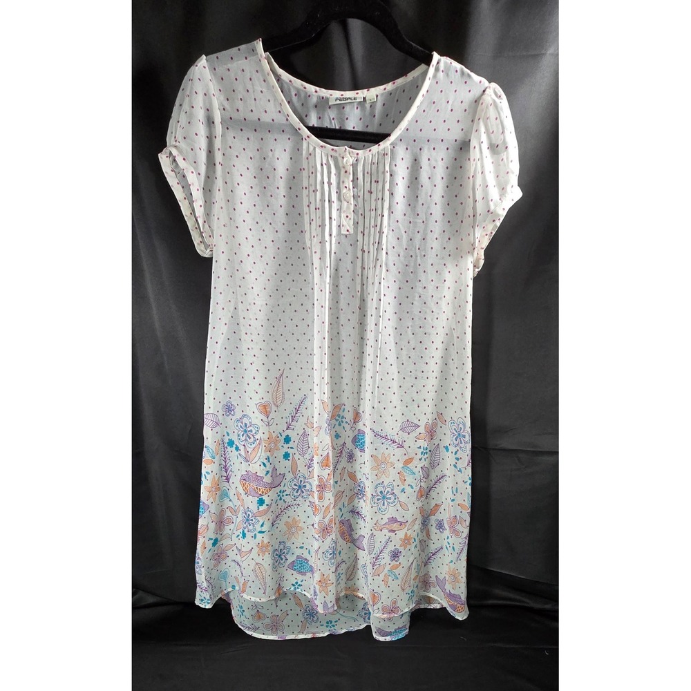 *runs small PEOPLE L sheer short sleeve mini dress layering white purple polka